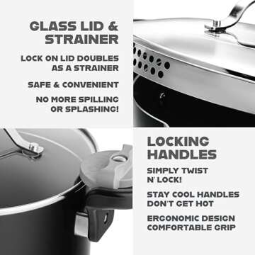 GOTHAM STEEL 5 Qt Ceramic Stock Pot Multipurpose Pasta Pot with Strainer Lid & Twist and Lock Handles, Nonstick Ceramic Pot for Soup, Spaghetti, Rice, Pots for Kitchen, Dishwasher Safe - BLACK