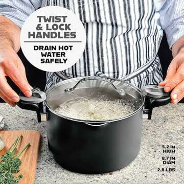 GOTHAM STEEL 5 Qt Ceramic Stock Pot Multipurpose Pasta Pot with Strainer Lid & Twist and Lock Handles, Nonstick Ceramic Pot for Soup, Spaghetti, Rice, Pots for Kitchen, Dishwasher Safe - BLACK