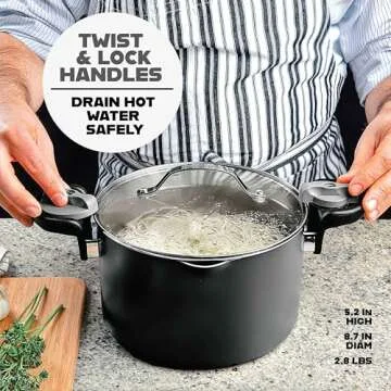 GOTHAM STEEL 5 Qt Ceramic Stock Pot Multipurpose Pasta Pot with Strainer Lid & Twist and Lock Handles, Nonstick Ceramic Pot for Soup, Spaghetti, Rice, Pots for Kitchen, Dishwasher Safe - BLACK