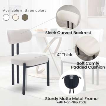 LukeAlon Faux Leather Dining Chairs Set of 2, Modern Curved Back Armless Kitchen Chairs with Black Metal Legs Upholstered Dining Room Chairs Reception Guest Chairs for Home Office Restaurant, White