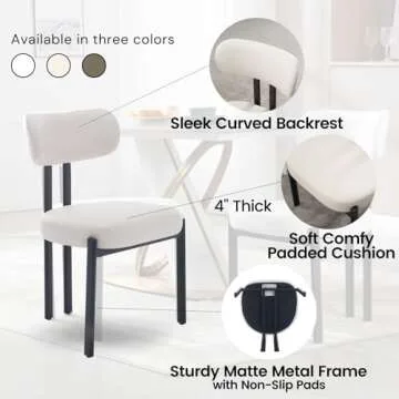 LukeAlon Faux Leather Dining Chairs Set of 2, Modern Curved Back Armless Kitchen Chairs with Black Metal Legs Upholstered Dining Room Chairs Reception Guest Chairs for Home Office Restaurant, White
