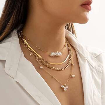 Octwine Dainty Pearl Beads Flat Snake Chunky Chain Choker Necklace Fashion Vintage Bridal Wedding Ne...