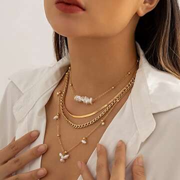 Octwine Dainty Pearl Beads Flat Snake Chunky Chain Choker Necklace Fashion Vintage Bridal Wedding Necklace for Women