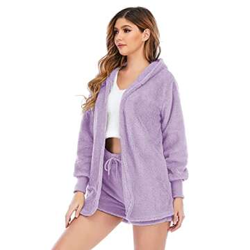 Famnbro Womens Fuzzy 3 Piece Outfits Lounge Set Sexy Fleece Cardigan Fluffy Shirt and Shorts Set A-purple