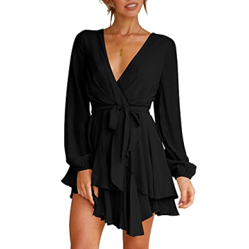 Elegant Women's Black Mini Dress with Deep V-Neck & Ruffle Hem for Parties