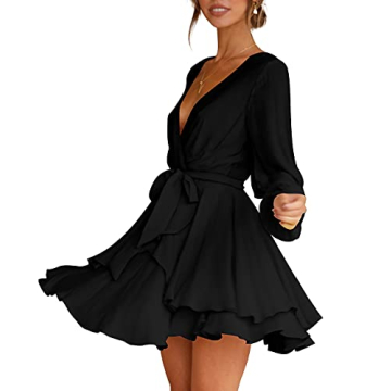Women's Black Mini Dress Deep V-Neck Ruffle Hem Party Wear
