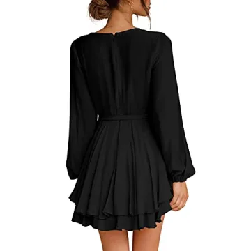 Women's Black Mini Dress Deep V-Neck Ruffle Hem Party Wear