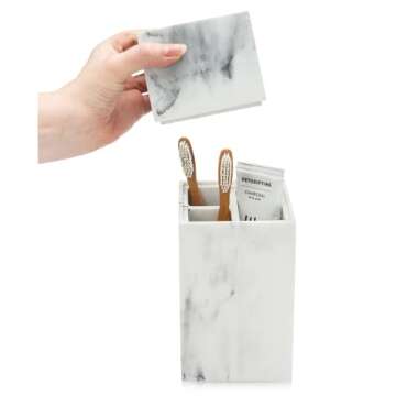 Essentra Home Toothbrush Holder with Lid, Elegant White Marble Bathroom Toothbrush & Toothpaste Orga...