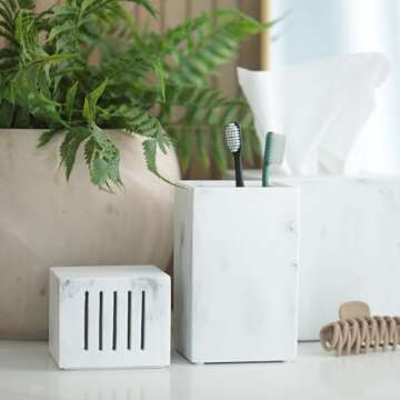 Essentra Home Toothbrush Holder with Lid, Elegant White Marble Bathroom Toothbrush & Toothpaste Organizer – Blanc Collection