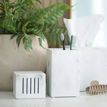 Essentra Home Toothbrush Holder with Lid, Elegant White Marble Bathroom Toothbrush & Toothpaste Organizer – Blanc Collection