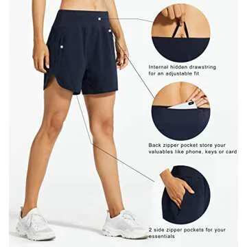 Libin Women's 5 Inches Athletic Running Shorts with Liner Quick Dry Workout Gym Shorts for Lounge Sports with Zipper Pockets,Navy Blue L