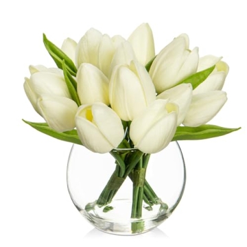 DILATATA Artificial White Tulips in Vase with Faux Water 6" Real Touch Flowers Fake Tulips Small Flo...
