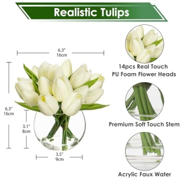 DILATATA White Tulips in Vase 6" Faux Flowers for Decor