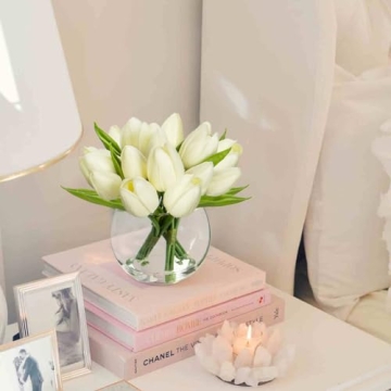 DILATATA White Tulips in Vase 6" Faux Flowers for Decor
