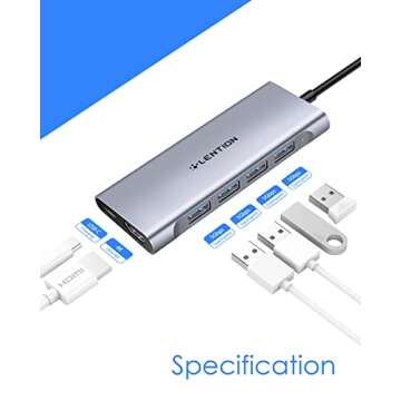 LENTION USB-C Multi-Port Hub with 4K HDMI Output, 100W PD, 4 USB 3.0 5Gbps Compatible 2024-2016 MacB...