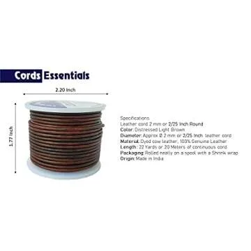 Cords Essentials Round Genuine Leather String Cord, Rope for Jewelry Making, Necklaces, Bracelets, Kumihimo Braiding, Wraps, Crafts and Hobby Projects (Distressed Light Brown, 2.0 MM)
