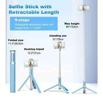 TONEOF Automatic Tripod, Cell Phone Selfie Stick, 60 Inch All-in-1 Stand with Integrated Wireless Remote, Lightweight and Portable, Extendable Tripod for iPhone and Android(Blue)