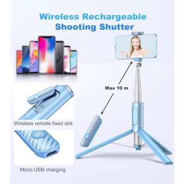 TONEOF Automatic Tripod, Cell Phone Selfie Stick, 60 Inch All-in-1 Stand with Integrated Wireless Remote, Lightweight and Portable, Extendable Tripod for iPhone and Android(Blue)
