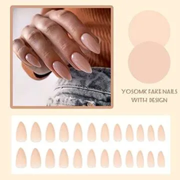 YOSOMMK Nude Press on Nails Almond Shaped Fake Nails Medium Glossy Stick on Nails Natural Full Cover False Nails Acrylic Glue on Nails for Women