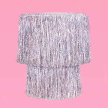 xo, Fetti Fringe Tinsel Chandelier - Iridescent Silver Foil, 16" | Bachelorette Party Decorations, Birthday Photo Booth Supplies, New Years Eve Decor, HBD