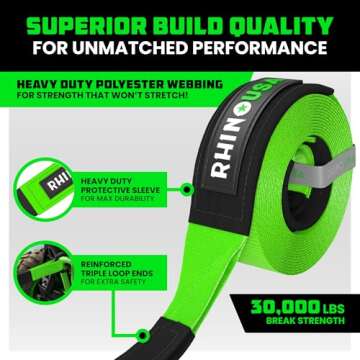 Rhino USA Recovery Tow Strap (4" x 30') - 40,320lb Break Strength - Emergency Recovery Strap Tow Rop...