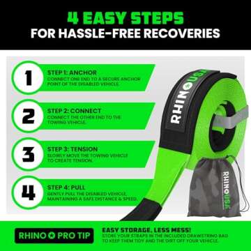Rhino USA Recovery Tow Strap (4" x 30') - 40,320lb Break Strength - Emergency Recovery Strap Tow Rope for Diesel Trucks, Backhoe, Excavators & More - Heavy Duty Towing Strap for Offroad 4x4 Use