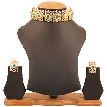 Touchstone"Mughal Jali Collection Indian Bollywood Great Mughal Era Inspired Choker Embellished with Faux Emerald, Pearls and Rhinestone Bridal Designer Jewelry Necklace Set in for Women in Go