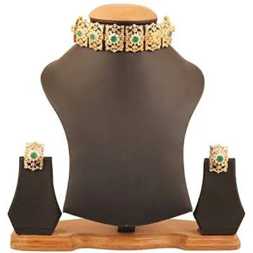 Touchstone"Mughal Jali Collection Indian Bollywood Great Mughal Era Inspired Choker Embellished with Faux Emerald, Pearls and Rhinestone Bridal Designer Jewelry Necklace Set in for Women in Go