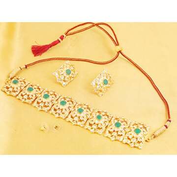 Touchstone"Mughal Jali Collection Indian Bollywood Great Mughal Era Inspired Choker Embellished with Faux Emerald, Pearls and Rhinestone Bridal Designer Jewelry Necklace Set in for Women in Go