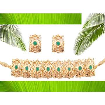 Touchstone"Mughal Jali Collection Indian Bollywood Great Mughal Era Inspired Choker Embellished with Faux Emerald, Pearls and Rhinestone Bridal Designer Jewelry Necklace Set in for Women in Go