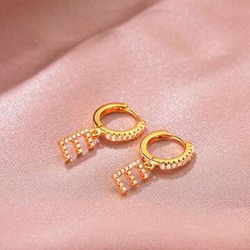 MEVECCO 18K Gold Filled Gold CZ Pave E Initial Drop Huggie Earrings Diamond Cut Cubic Zircon Inlayed Letter Dangle Charm Initial Huggie Hoop Earrings Personalized Dainty Tiny Symbolic Jewelry