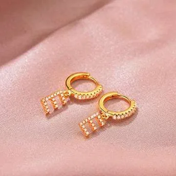 MEVECCO 18K Gold Filled Gold CZ Pave E Initial Drop Huggie Earrings Diamond Cut Cubic Zircon Inlayed Letter Dangle Charm Initial Huggie Hoop Earrings Personalized Dainty Tiny Symbolic Jewelry