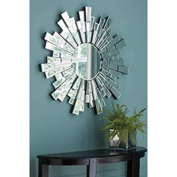 Signature Design by Ashley Braylon Contemporary 32" Round Accent Mirror with Mosaic Cut Glass Design, Silver