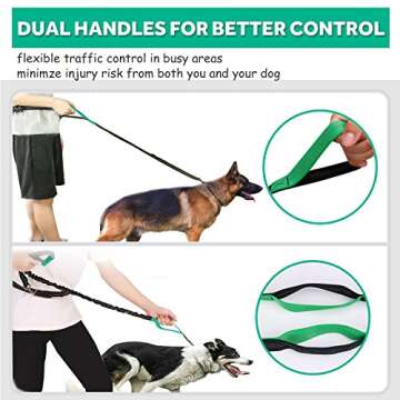 Hands Free Dog Leash for Running Walking Training Hiking, Dual-Handle Reflective Bungee, Poop Bag Dispenser Pouch, Adjustable Waist Belt, Shock Absorbing, Ideal for Medium to Large Dogs, Black/Teal
