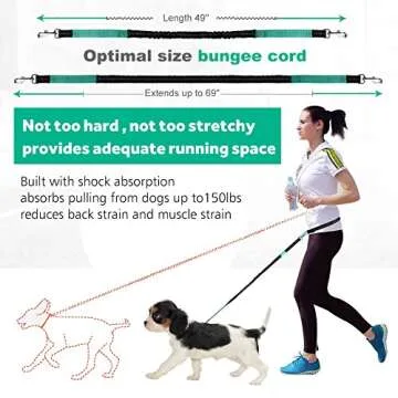 Hands Free Dog Leash for Running Walking Training Hiking, Dual-Handle Reflective Bungee, Poop Bag Dispenser Pouch, Adjustable Waist Belt, Shock Absorbing, Ideal for Medium to Large Dogs, Black/Teal