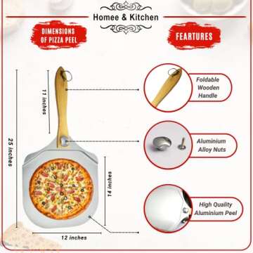 Homee & Kitchen Pizza Peel | Aluminum Pizza Peel | 12 inch Pizza Paddle(12"x 14") | Foldable Wooden ...