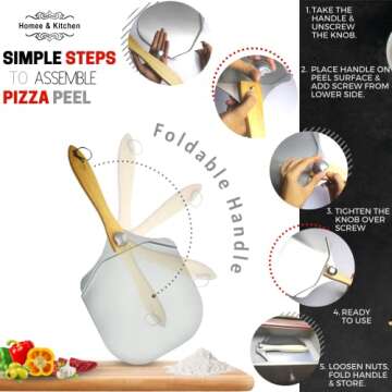Homee & Kitchen Pizza Peel | Aluminum Pizza Peel | 12 inch Pizza Paddle(12"x 14") | Foldable Wooden Handle | for Family Pizza Oven Baking Pizza | Pizza Spatula