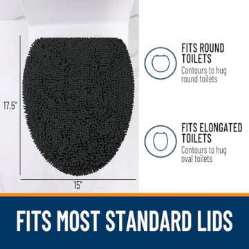OLANLY Soft Chenille Bathroom Toilet Lid Cover, Machine Washable Seat Covers, 17.5x15, Stays in Place Rubber Backing, Fits Most Round, Elongated and Oblong Lids, Accessories Decor, Black