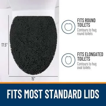 OLANLY Soft Chenille Bathroom Toilet Lid Cover, Machine Washable Seat Covers, 17.5x15, Stays in Place Rubber Backing, Fits Most Round, Elongated and Oblong Lids, Accessories Decor, Black