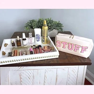 Y1tvei Preppy Makeup Bag Waterproof PU Leather Cosmetic Pouch