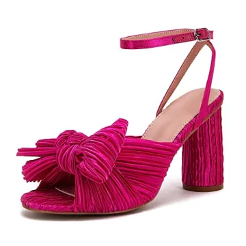 VETASTE Women's Bow Knot Heeled Sandals Bridal Wedding Open Toe Ankle Strap Chunky Heels 7.5