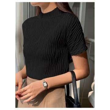 OYOANGLE Women’s Textured Mock Neck Short Sleeve Casual Tee