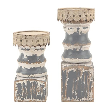 NIKKY HOME Farmhouse Pillar Candle Holder Set of 2 - Rustic Wood Decorative Candlesticks Pedestal, C...