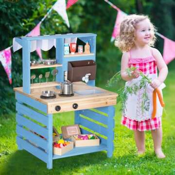 BRINJOY Kids Kitchen Playset, Double-Sided Wooden Outdoor Mud Kitchen w/Realistic Faucet, Removable ...