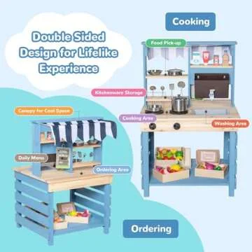 BRINJOY Kids Kitchen Playset, Double-Sided Wooden Outdoor Mud Kitchen w/Realistic Faucet, Removable Sink, Cooking Toys, Menu, Toddler Pretend Play Kitchen, Backyard Mud Table, Gift for Boys Girls