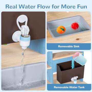 BRINJOY Kids Kitchen Playset, Double-Sided Wooden Outdoor Mud Kitchen w/Realistic Faucet, Removable Sink, Cooking Toys, Menu, Toddler Pretend Play Kitchen, Backyard Mud Table, Gift for Boys Girls