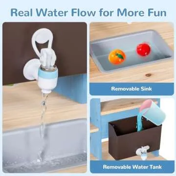 BRINJOY Kids Kitchen Playset, Double-Sided Wooden Outdoor Mud Kitchen w/Realistic Faucet, Removable Sink, Cooking Toys, Menu, Toddler Pretend Play Kitchen, Backyard Mud Table, Gift for Boys Girls