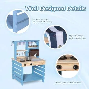 BRINJOY Kids Kitchen Playset, Double-Sided Wooden Outdoor Mud Kitchen w/Realistic Faucet, Removable Sink, Cooking Toys, Menu, Toddler Pretend Play Kitchen, Backyard Mud Table, Gift for Boys Girls