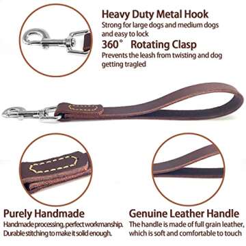 Durable Leather Short Dog Lead for Training Large Dogs