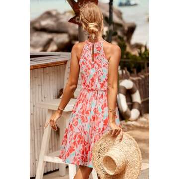 Newshows Women's 2025 Summer Dress Halter Casual Beach Vacation Outfits Hawaiian Dresses Ruffle Belted Sundress with Pockets(Floral 20,M)